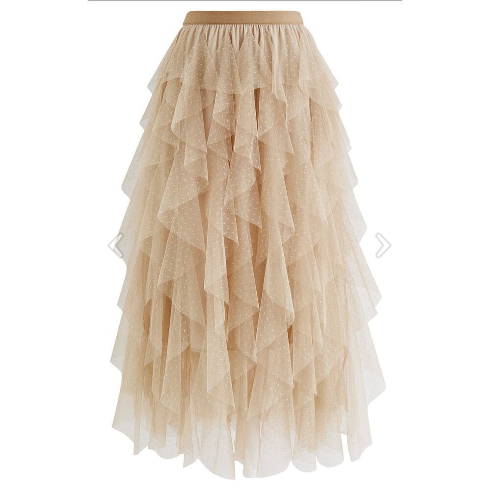 Chic Wish Dots full ruffled tulle skirt Light tan women's beige Fairy Whimsy - Picture 2 of 11